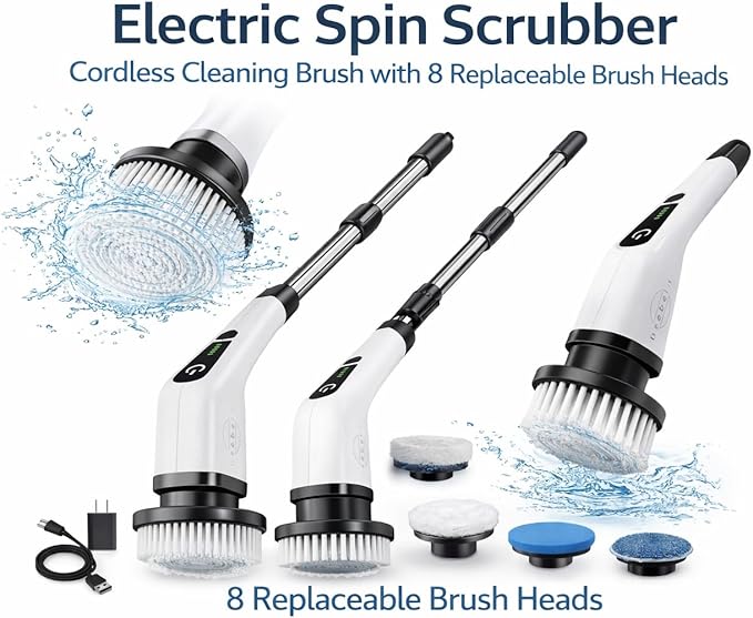 Electric Spin Scrubber Cordless Cleaning Brush - 8 Replaceable Brush Heads-90Mins Work Time 3 Adjustable Size 2 Speeds for Bathroom Shower Bathtub Glass Car with 18W Fast Charger Included (White)