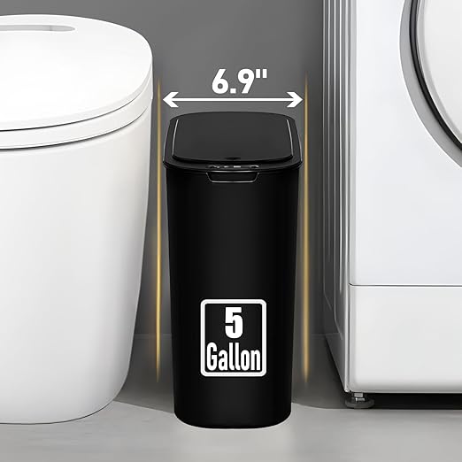 TIPGO 5 Gallon Motion Senor Bathroom Trash Can with Lid Automatic Garbage Can Touchless Smart Plastic Waste Basket for Narrow Spaces Bathroom Office Bedroom Living Room (Black)