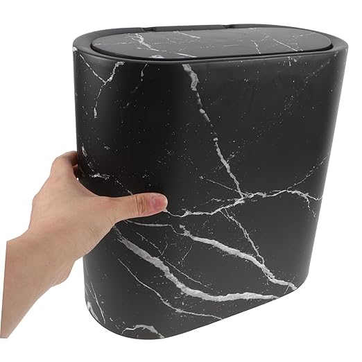 Happyyami Slim Marble Trash Can Compact Plastic Wastebasket with Lid for Bathroom Kitchen Office Bedroom Stylish Narrow Garbage Bin for Efficient Space Utilization