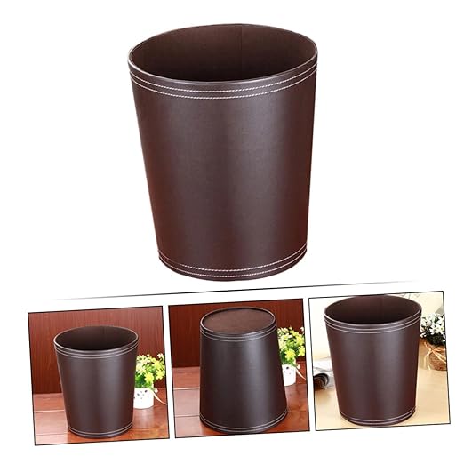 VOSAREA 1Pc Round Waste Basket Stylish Trash Can for Home Office PU Design Convenient Open Top for Easy Disposal for Living Room Workspace