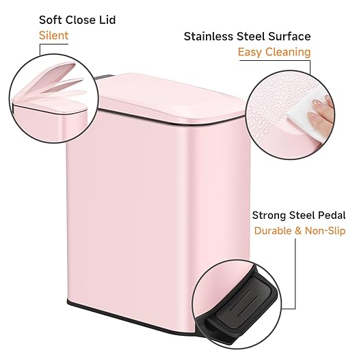TIPGO Slim Bathroom Trash Can with Lid Soft Close 6 Liter / 1.6 Gallon Stainless Steel Garbage with Removable Inner Bucket Small Trash Bins for Bedroom Office (Pink)