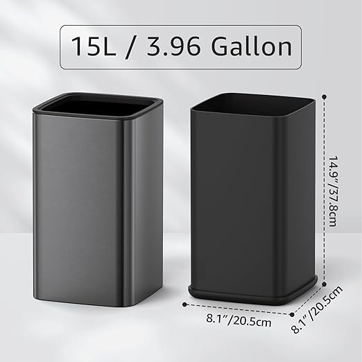 Mbillion 4Gal/15L Open top Trash Can with Removable Inner Bucket Small Waste Basket Stainless Steel Metal Trash Can for Bathroom OfficeBrushed Black