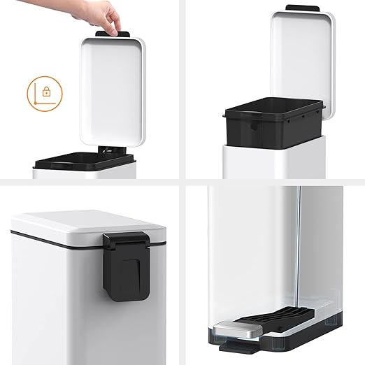Mbillion Bathroom Trash Can with Lid Slim Stainless Steel Small Bathroom Garbage Can 10 Liter 2.6 Gallon Soft Close Step Pedal Slim Wastebasket for Toilet Office Bedroom White