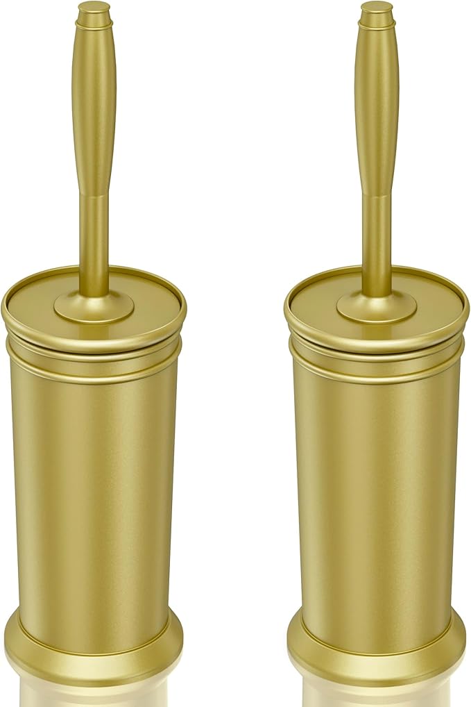 UPTRONIC Toilet Brush Aluminum Alloy Toilet Brush and Holder Set with Long Handle Durable Bristles Toilet Bowl Brush and Covered Holder for Toilet Scrubber for Bathroom Cleaning (2 Gold)