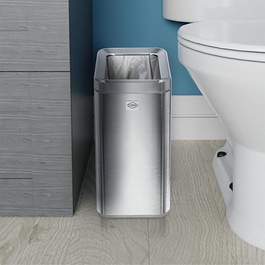 Clorox Slim Open Trash Can - 2.6 Gallon (10 Liter) Small Metal Waste Basket with Removable Bucket for Narrow Spaces - Stainless Steel Garbage Bin for Bathroom Bedroom or Office