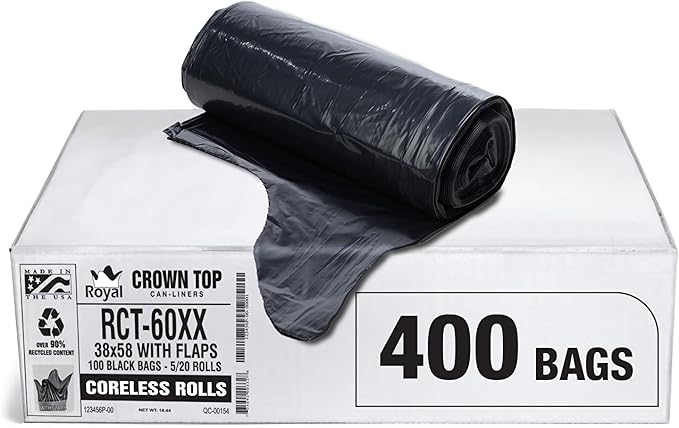 Aluf Plastics RCT-60XX Star Sealed Coreless Rolls with E-Z Tie Flap Closure 60 gal Polyethylene 38 x 58 Black (Pack of 400)