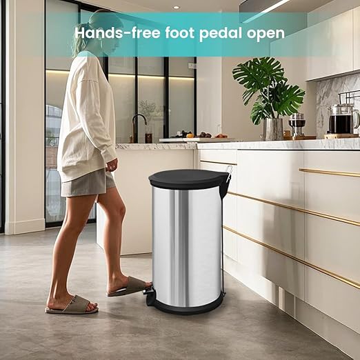 10 Gallon Trash Can with Lid Tall Round Stainless Steel Kitchen Garbage Can with Plastic Lid Liner Free Step-on Pedal Hand Free Trash Can 40 Liter Capacity Silver