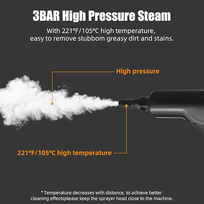 1500W Portable Handheld Steam Cleaner - 105℃ High Temperature Deep Cleaning with Removable Tank and 3 Brushes for Kitchen Bathroom Car Windows (US plug)
