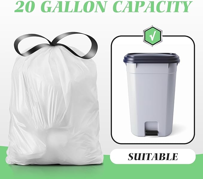 20 Gallon Large Drawstring Trash Bags 120 Counts Fit 20-21 Gal Trash Can Heavy Duty Tall Kitchen Garbage Liners Large Trash Bags Size Chart for Home/Office Outdoor Lawn &amp Leaf Bags White