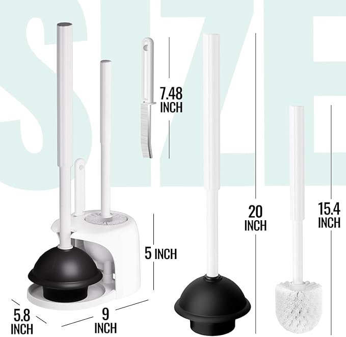 2PACK 4 in 1 Toilet Brush and Plunger Set with Crevice Cleaning Brush Toilet Plunger and Brush Set with Extra Long Handle Plungers for Bathroom Accessories Toilet Plunger with Holder White