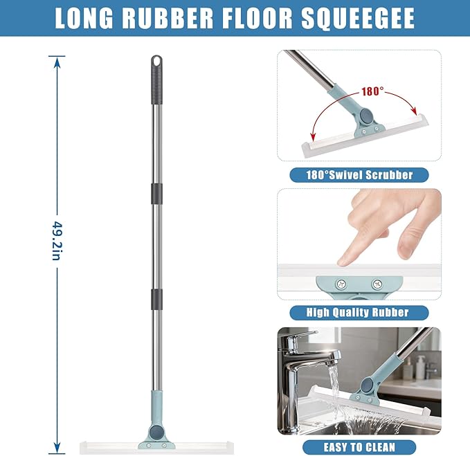 Flat Mop and Bucket Set with Floor Squeegee Heavy Duty Scrub Brush 2 Washable Reusable Microfiber Pads for Tile Hardwood Wall Cleaning Home Indoor or Outdoor Cleaning (White-Gray)