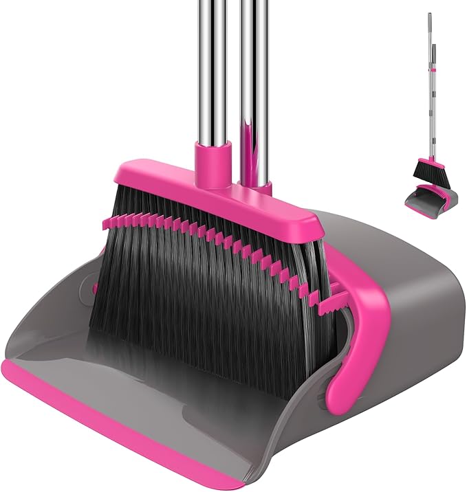 NACENA Broom and Dustpan Set 52-in Long Adjustable Handle Broom Dustpan Combo with Dustpan Teeth to Automatically Clean Hair Suitable for Home Kitchen Office Hall Floor（Grey&ampRose）