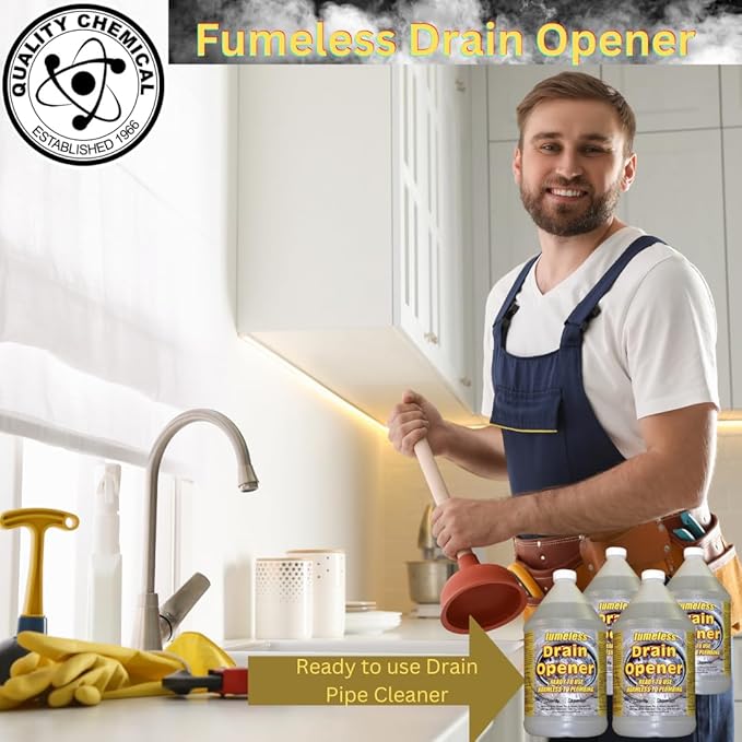 Quality Chemical Fumeless Drain Opener - Fast Acting Clog Remover and Declogger - Professional Strength - for Bathtub Kitchen Sink Drano Hair Clog Remover - Drain Cleaner 128 oz (Pack of 1)