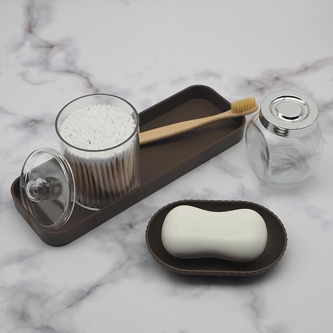 Bathroom Accessory Set - 10 Piece Brown Bathroom Accessories Set with Trash Can Toothbrush Holder and Cup Soap Dispenser Soap Dish Toilet Brush Holder Vanity Tray Qtip Holder Tissue Box Cover