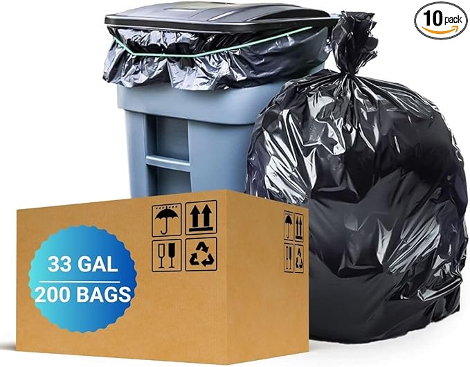30-33 Gallon Trash Bags Heavy Duty 200 Count Large Black Garbage Bags for 30 32 33 Gallon Cans Tear-Resistant High-Density Trash Can Liners for Home Commercial Industrial Use