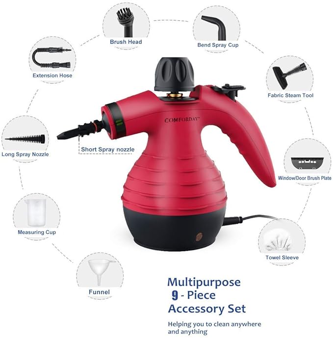 Comforday Handheld Pressurized Steam Cleaner - Multipurpose Steamer with 9-Piece Accessory Kit for Stain Removal Upholstery Curtains Car Seats Carpets Floors and Windows (Red)