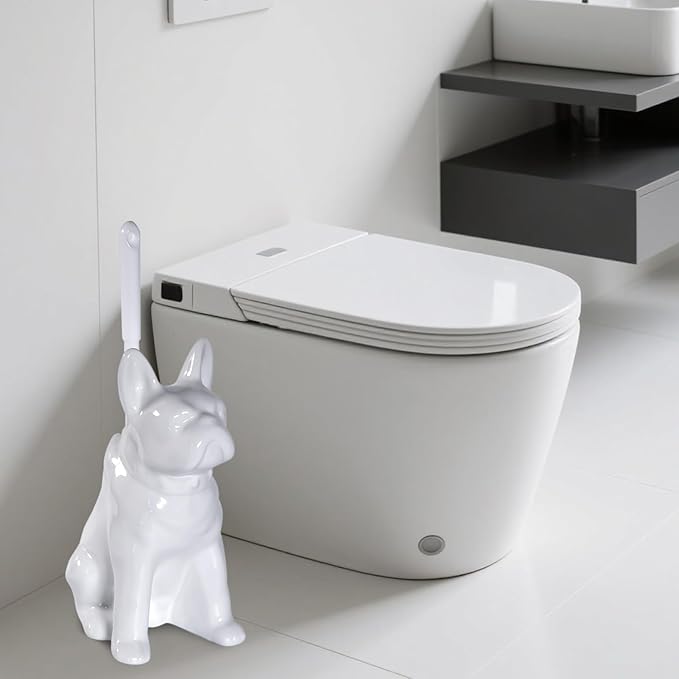 Toilet Brush Holder Set for Bathroom Cute Dog Base Solidly Toilet Bowl Brush Holder and Decorative Bathroom Ceramic Cleaning Kit with Brush and Holder (White)