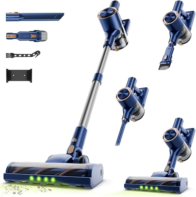 Cordless Stick Vacuum Cleaner - 45KPA Powerful Suction Vacuum with 45 Min Runtime Detachable Battery Anti-Tangle &amp 1.5L Dust Cup 8 in 1 Vacuum Cleaner for Pet Hair Carpet HardFloor Blue