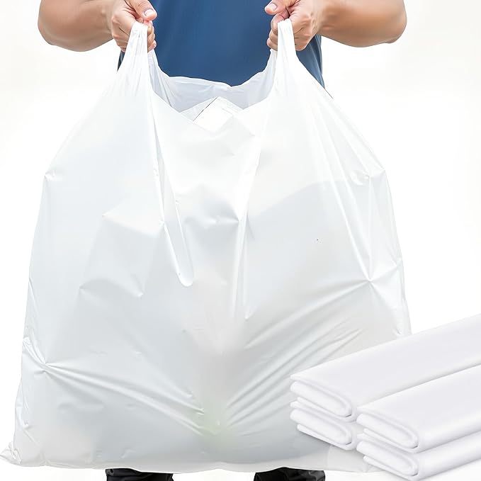 100 Pack 40 x 30 x 8 Extra Large White Plastic Shopping Bags(0.8 Mil Thick) Reusable Heavy Duty Large T-shirt Grocery Bags Bulk with Handles for Restaurant Retail Business