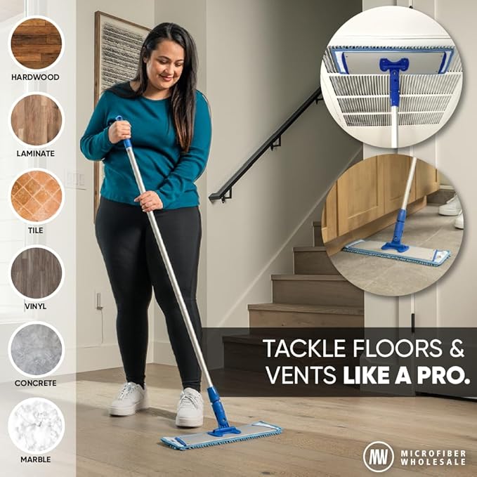 18 Mucho Mop Microfiber Mop System - Mops for Floor Cleaning - Hardwood Floor Mop for Tile Laminate Wood Vinyl Floors | Washable Pads | Dry &amp Wet Mopping