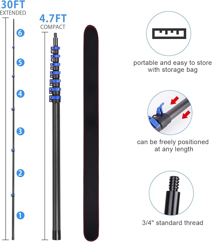 36 Foot High Ceiling Duster Kits with 4.7-30 FT Carbon Fiber Extension Pole Feather Duster Cobweb Duster Ceiling Fan Duster Window Squeegee &amp Cleaner with Pole 30 Ft