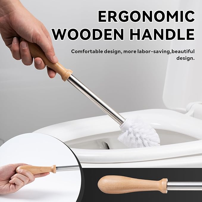 Modern Toilet Brush Set and Holder - Toilet Bowl Brush Ceramic Bathroom Accessories Set Decor Cleaner Brush Kit with Detachable Brush Head &amp Natural Wood Handle (Ivory White)