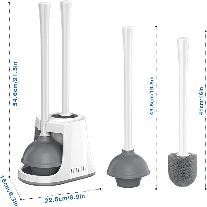 Toilet Plunger and Brush Bowl Brush and Heavy Duty Toilet Plunger Set with Ventilated Holder 2-in-1 Toilet Brush and Plunger Combo for Bathroom Cleaning (2 White)