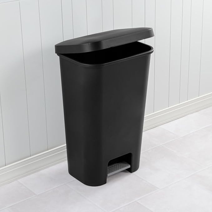 Sterilite 11.9 Gallon Rectangular Step On Kitchen Plastic Indoor Wastebasket with Wide Opening Lid and Comfort Handle for Home Black (8 Pack)