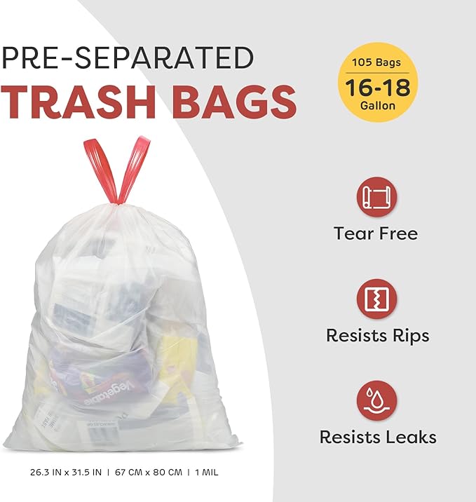Pre-Separated 16-18 Gallon Trash Bags Drawstring Clear Size M Tear Free Large Garbage Bags for Kitchen 105 Count Tear-Resistant Strong Plastic Compactor Bag for Office Lawn