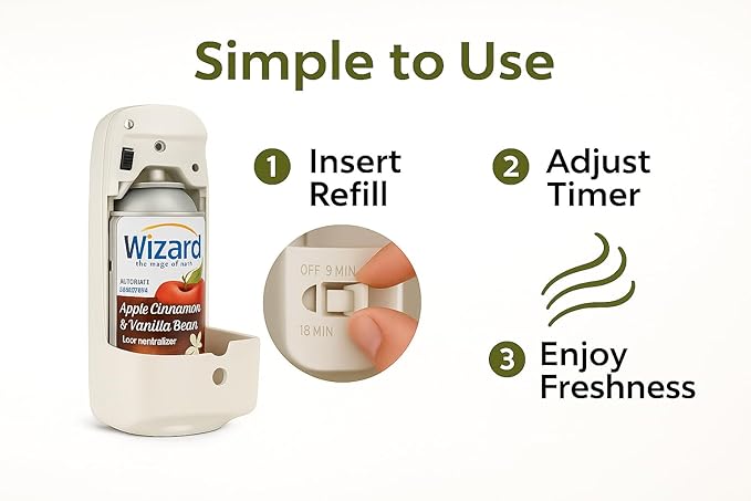 Wizard Automatic Spray Refill – Apple Cinnamon &amp Vanilla Bean 5 oz (12 Pack) | Compatible with Air Wick Freshmatic &amp Glade Dispensers | Long Lasting Odor Neutralizer for Home &amp Office
