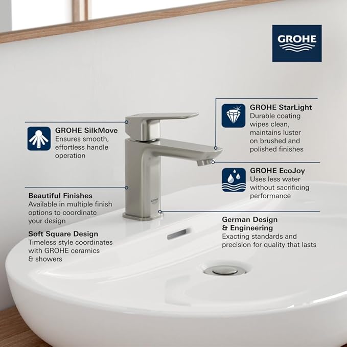 Grohe 101899EN00 Cubeo Single Hole Single Handle S-Size Bathroom Faucet Less Drain 1.2 GPM Brushed Nickel