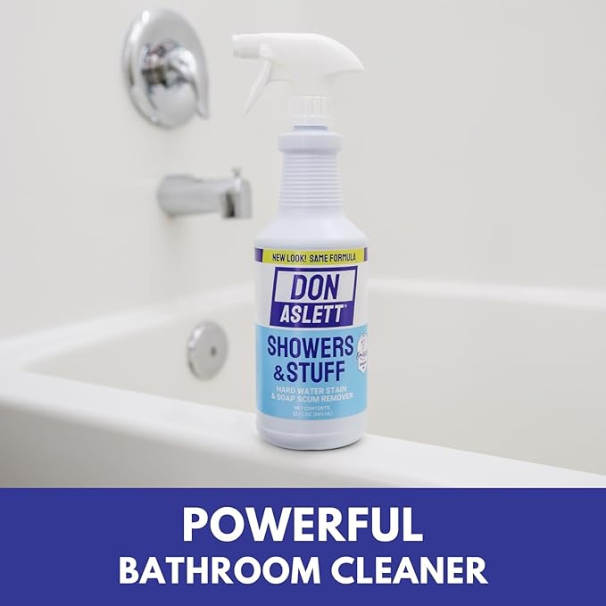 Don Aslett Showers and Stuff (32 Oz Spray Bottle Pack of 2) Hard Water Stains and Soap Scum Remover | Cleans Bathroom Rust Grout Tile Lines Fiberglass Tub Glass Shower Door Surfaces