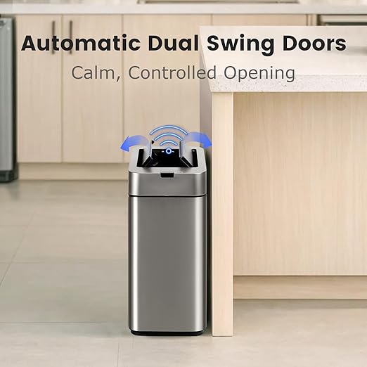 Sensor Trash Can with Butterfly Lid 2.6 Gallon Rectangular Automatic Garbage Can Stainless Steel Trash Bin Slim Waterproof Wastebaskets with Lid Soft Close for Under Counter Silver