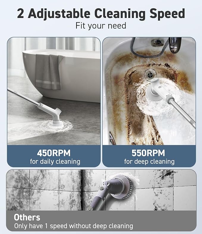VEWIOR Electric Spin Scrubber Cordless Cleaning Brush with 3 Adjustable Angle 2 Speeds 3 Replaceable Brush Heads for Floor Bathroom Tub Tile Kitchen Window