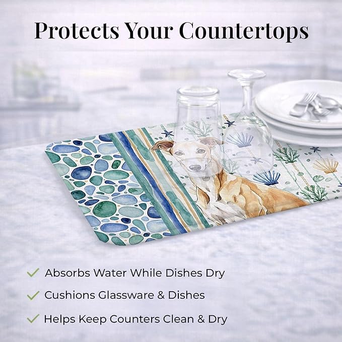Caroline's Treasures Fawn Greyhound Coastal Sea Glass Dish Drying Mat Absorbent Dish Drying Mat Pad for Kitchen Counter Dish Drainer Mat for Countertop 14 x 21 Multicolor
