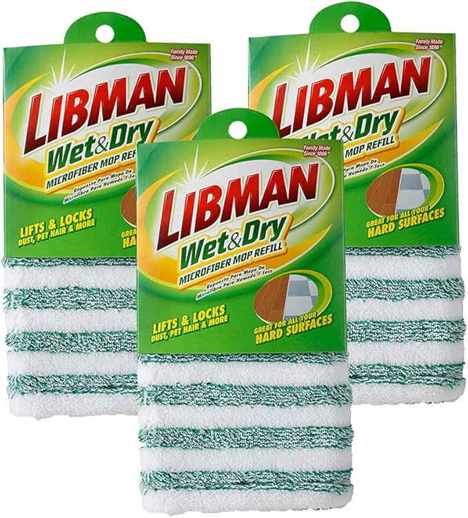 Libman Wet &amp Dry Microfiber Mop Refills | Dust Mop for Hardwood Floors | Wall Mop | Mops for Floor Cleaning | 3 Total Microfiber Mop Pads Included