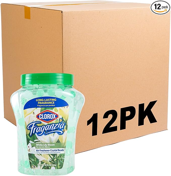 Clorox Fraganzia Crystal Beads Air Freshener Long Lasting Room Deodorizer and Odor Eliminator Gel Beads to Freshen Home Car or Office White Lily Bloom Scent 12 Fl Oz - 12 Pack