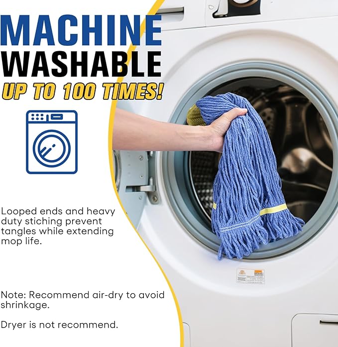 Matthew Cleaning Commercial Mop Head Replacement 5 Inch Wide Headband Looped End Cotton Blend String Wet Mops for Floor Cleaning 24 oz Large Case Pack 12 Pcs Blue