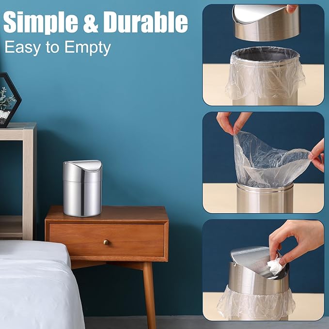 2 Pcs Desk Trash Can with Swing Lids 12 Rolls of Trash Bags 2L Brushed Stainless Steel Countertop Garbage Bin Small Wastebasket with Lid for Office Desk Coffee Table(Silver)