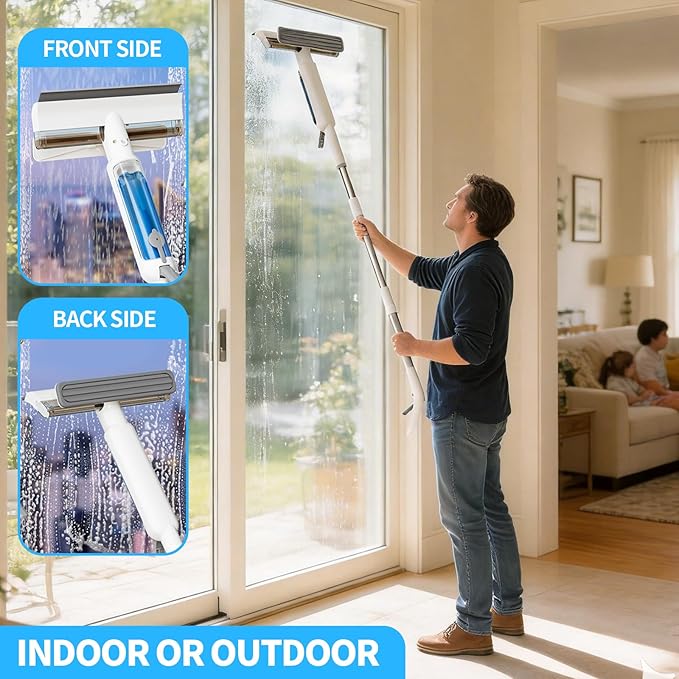 4-in-1 Window Squeegee with Sprayer &amp Remote Control Spray 74 Extendable Window Washing Kit with Extension Pole Window Cleaning Equipment for Indoor Outdoor High Window Car Glass &amp Shower