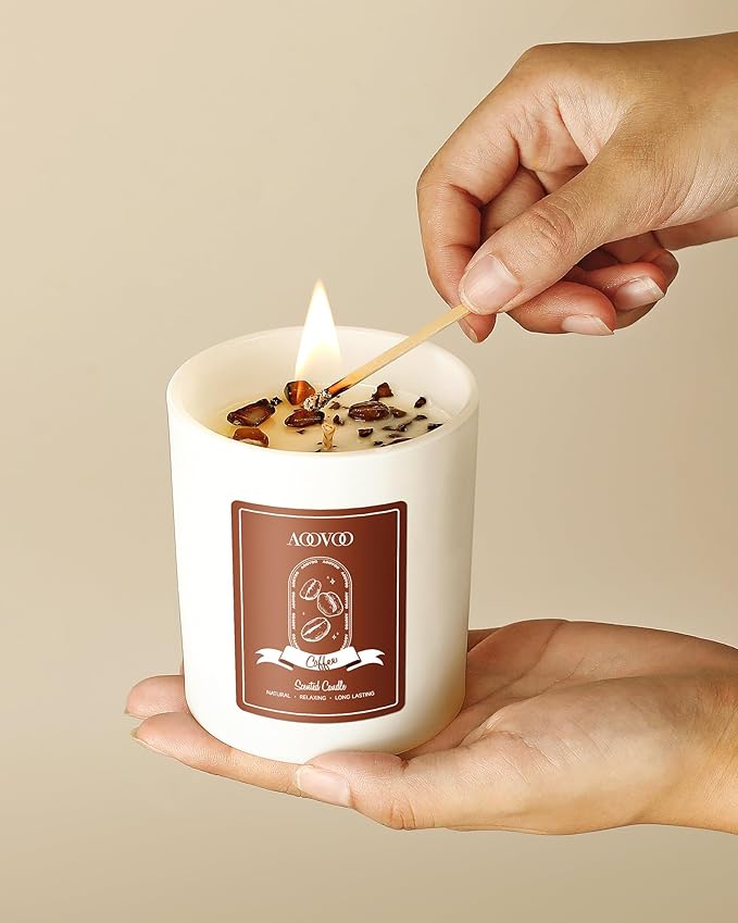 AOOVOO Macchiato Coffee Scented Candles for Women - Aromatherapy Candle with Crystals Inside 10oz 60H Burning Time Soy Candles for Home Scented Birthday Gifts Valentines Day Candle for Women Mom