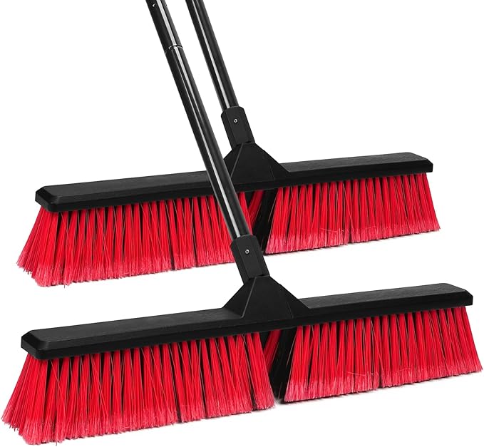 2PK 24 Push Broom Outdoor with 63 Long Handle and Stiff Bristles Heavy Duty Outdoor Broom Brush for Workshop Garage Concrete Patio and Deck Floor Sweeping
