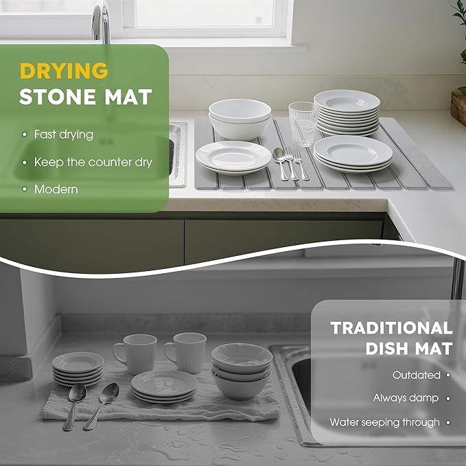HABUTWAY Large Stone Dish Drying Mat for Kitchen Counter Quick Dry Collapsible Diatomaceous Earth Dish Drying Mats Water Absorbent Drying Mat for Dishes Bottles Cups Foldable (LIGHT GREY 24L×16W)