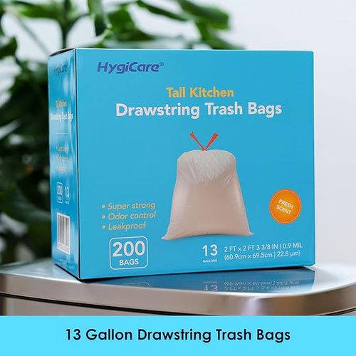 13 Gallon Tall Kitchen Trash Bags Fresh Scent 200 Count Drawstring Garbage Bags Pre-Separated Odor Control Ultra Strong Leakproof Sturdy White