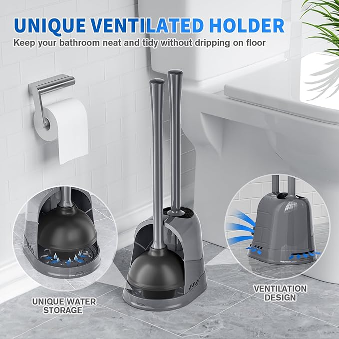 Toilet Plunger and Brush2 Pack Bowl Brush and Heavy Duty Toilet Plunger Set with Ventilated Holder 2-in-1 Toilet Brush and Plunger Combo for 5.3-inch Toilet DrainBathroom Cleaning