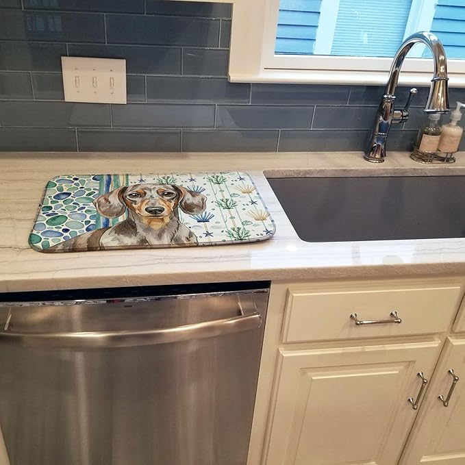Caroline's Treasures Dapple Dachshund Coastal Sea Glass Dish Drying Mat Absorbent Dish Drying Mat Pad for Kitchen Counter Dish Drainer Mat for Countertop 14 x 21 Multicolor