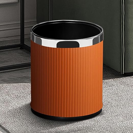 Luxury Metal Waste Bin 10L Open Top Double Layer Trash Can Floor Standing with Faux Leather Covered - Waste basket Dust Bins for Kitchen Bathroom Hotel Office (Rose Gold)