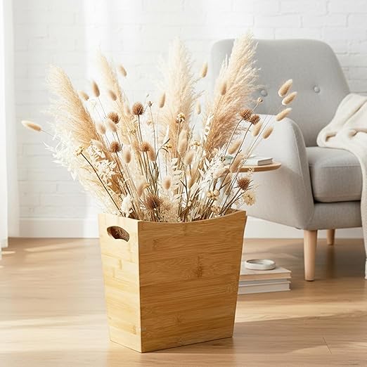 TOPZEA Bamboo Waste Basket Rectangular Narrow Trash Can with Handle Wastebasket Waste Bin Garbage Can for Bathroom Bedroom Office and Home 10.5 x 5.7 x 10.25
