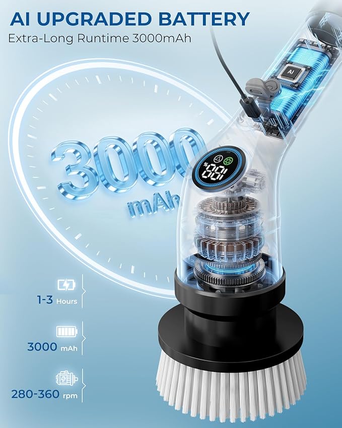 Electric Spin Scrubber Rechargeable with Upgraded Battery &amp Extended Runtime IPX7 Cleaning Brush 3000mAh Battery 7 Brush Heads 2-Speed Adjustable Long Handle for Bathroom &amp Tile Floor Clean