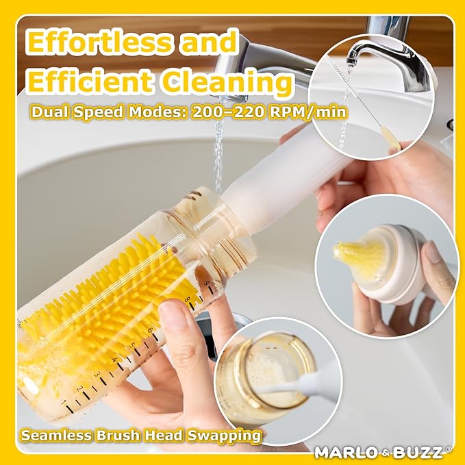 Marlo &amp Buzz Electric Baby Bottle Brush Cleaner Set Rechargeable Waterproof Silicone Brushes with Large Bottle Brush Nipple Brush Straw Brush Milk Stirrer Drying Rack (Yellow)